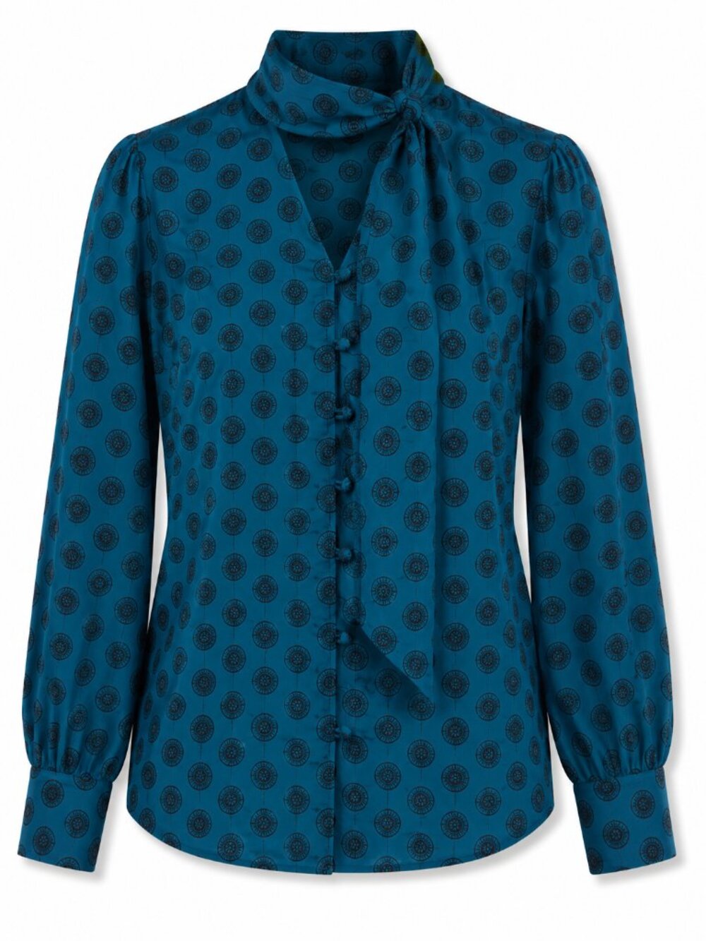 Banana Republic Teal Black Circle Print Bow Long Sleeve Blouse